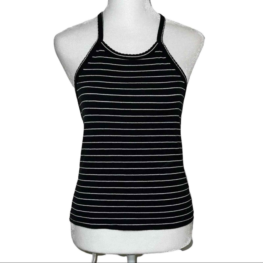American Eagle Halter Top Womens M Black White Striped Ribbed Tie Back